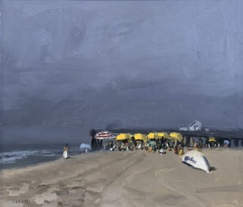 Giovanni Casadei (b. 1956), Atlantic City - The Yellow Umbrellas, Oil on panel, 12 1/2 x 14 1/2 inches