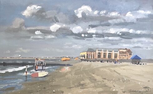 Giovanni Casadei, On the Watch, 2022, Oil on panel, 8 1/2 x 13 1/2 inches