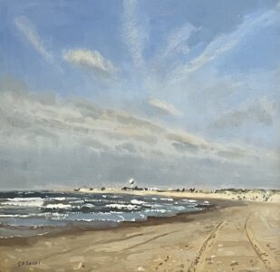 Giovanni Casadei, Water Tower, 2022, Oil on panel, 12 1/2 x 12 3/4 inches