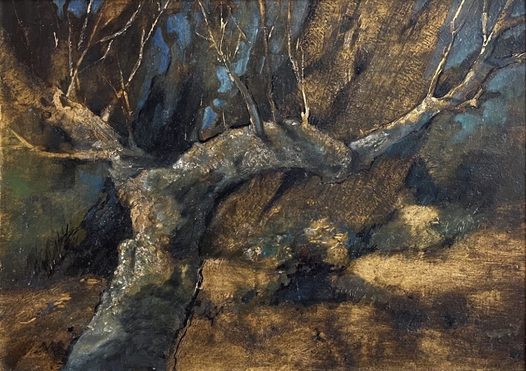 Jane Morris Pack, Olive Tree, 2023, Gold leaf, oil, and shellac on masonite panel, 8 x 11 inches
