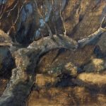 Jane Morris Pack, Olive Tree, 2023, Gold leaf, oil, and shellac on masonite panel, 8 x 11 inches