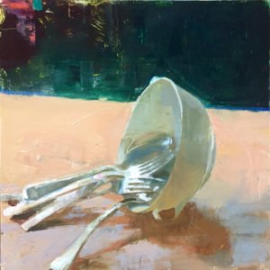 Jon Redmond, Silverware and Bowl, 2019, Oil on board, 10 x 10 inches