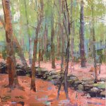 Jon Redmond, Stone Wall in the Woods, 2017, oil on board, 14 x 14 inches