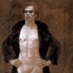 Jamie Wyeth (b. 1946), Hands on Hips, In Fur, Nureyev (Study #25), 1977, Mixed media on cardboard, 35 1/2 x 45 3/4 inches