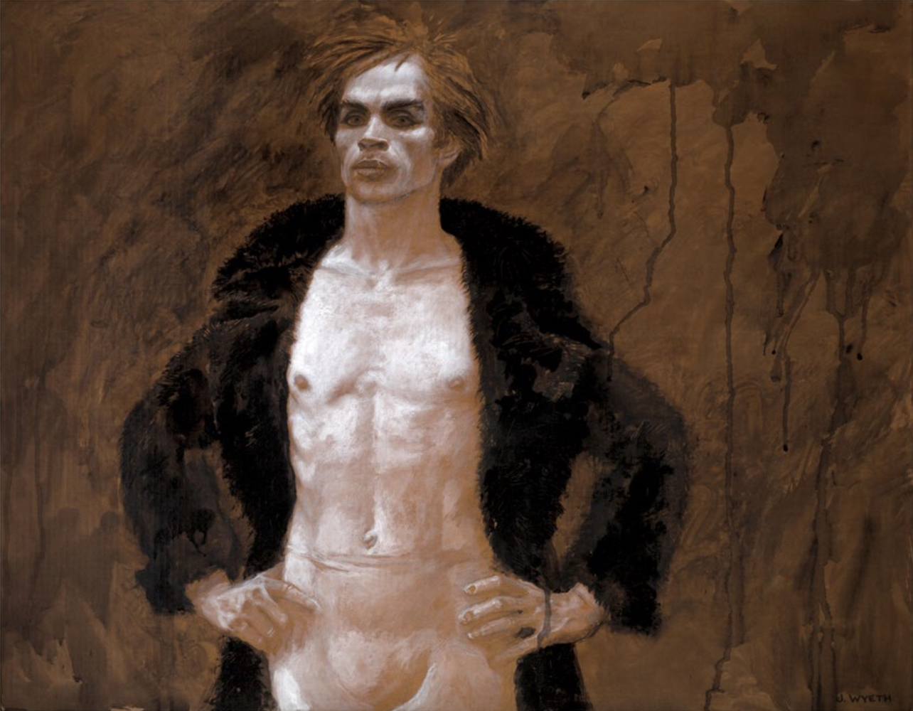 Jamie Wyeth (b. 1946), Hands on Hips, In Fur, Nureyev (Study #25), 1977, Mixed media on cardboard, 35 1/2 x 45 3/4 inches