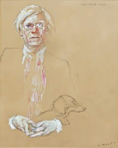 Jamie Wyeth, a.w. ill at ease, 2018, Acrylic, gouache, watercolor, and graphite on Crescent toned paperboard, 19 1/2 x 15 1/2 inches