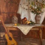 Michael Doyle, Apple Blossoms and Guitar, 2002, Oil on canvas, 12 ½ x 14 ¾