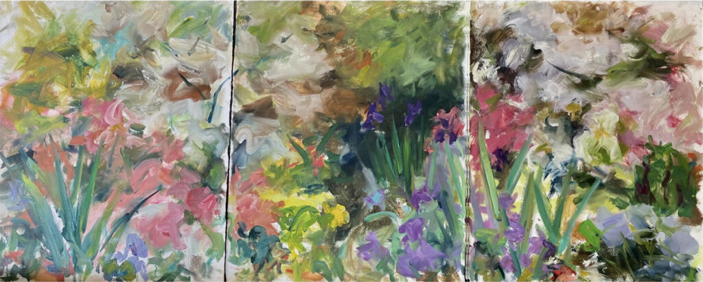 Mary Page Evans, Arden Garden III (triptych)(SOLD), Oil on paper, 28 ¼ x 63 ½ inches