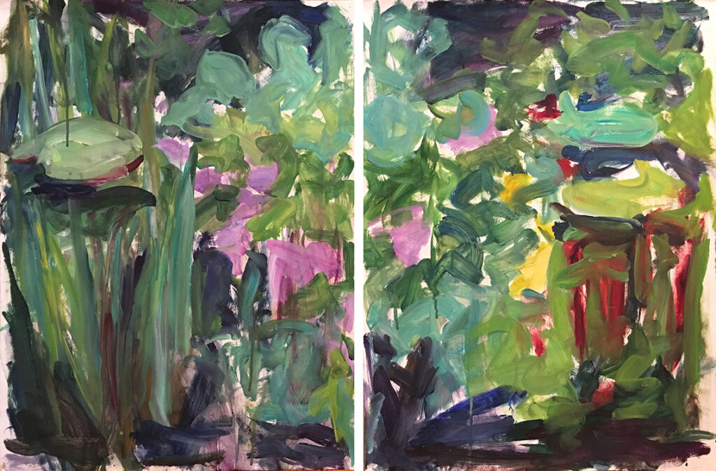 Mary Page Evans, Nymphaea series (diptych)(SOLD), 1985/1986, Oil on paper, 30 x 44 inches