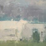 Stuart Shils, Barns Under Dark Sky, Late in the Day, oil on panel, 7 ½ x 14 inches