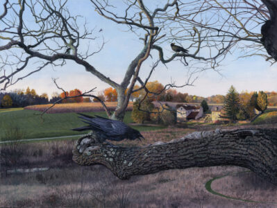 Timothy Barr, Crows at Clenny Run, 2022, Oil on panel, 12 x 16 inches