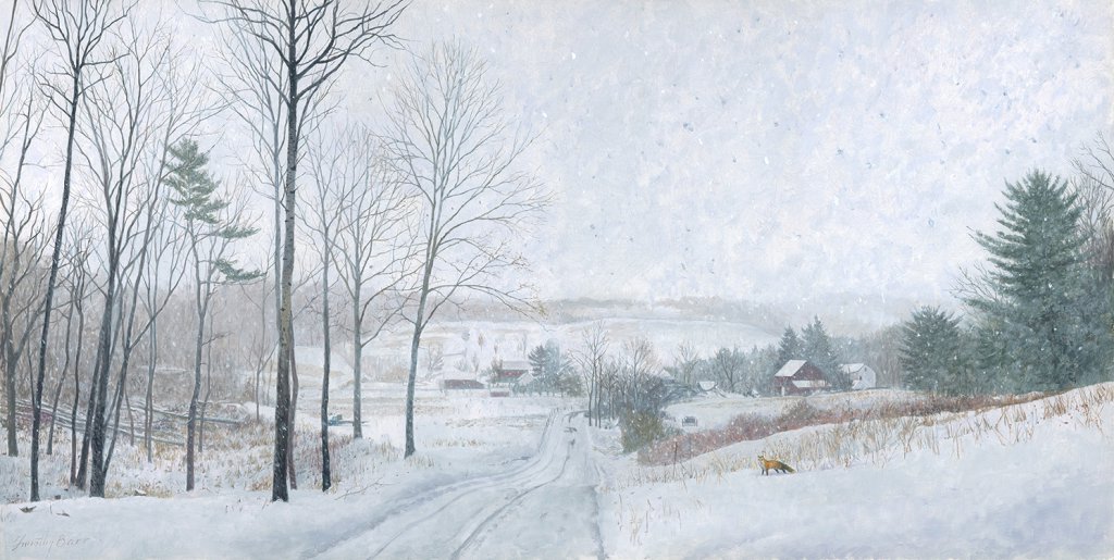 Timothy Barr, Fox in Squall, 2018, oil on panel, 12 x 24 inches