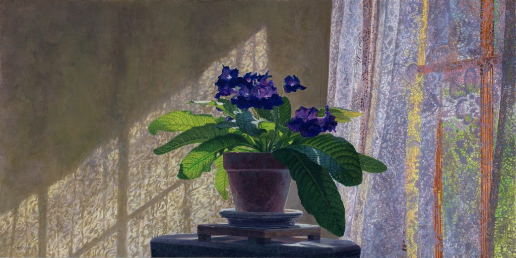 Timothy Barr, Yellow Curtains, 2021, Oil on panel, 12 x 24 inches