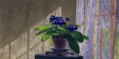 Timothy Barr, Yellow Curtains, 2021, Oil on panel, 12 x 24 inches