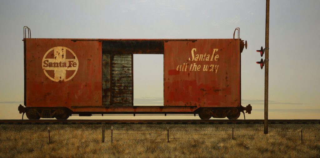 Francis DiFronzo, Western Front, Oil over watercolor and gouache on panel, 36 x 72 inches