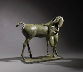 Olivia Musgrave, Amazon Reading Leaning, 2012, Bronze, 15 x 16 x 8 inches