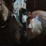 Alex Kanevsky, Dark Horse with Partial Rider, 2011, Oil on canvas, 40 x 66 inches