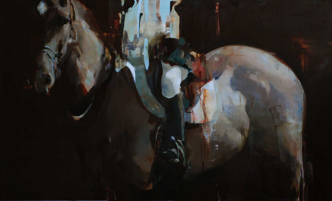 Alex Kanevsky, Dark Horse with Partial Rider, 2011, Oil on canvas, 40 x 66 inches