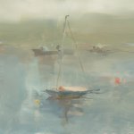 Christine Lafuente, Buoys and Boats, Foggy Afternoon, oil on board, 9 x 12 inches