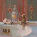 Christine Lafuente, Eggshells, Bottles, and Clock, oil on board, 11 x 13 inches