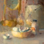 Christine Lafuente, Eggshells, Bottles, and Clock, oil on board, 11 x 13 inches
