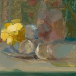 Christine Lafuente, Gardenia and Eggshells, oil on mounted linen, 6 x 8 inches