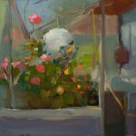 Christine Lafuente, Greenhouse with Open Door, oil on linen, 20 x 20 inches