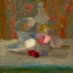 Christine Lafuente, Impatients, Blossoms and Cherries, oil on board, 12 x 12 inches