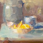 Christine Lafuente, Jar with Lemons and Teacups, oil on board, 8 x 6 inches