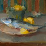 Christine Lafuente, Lemon and Mackerel, oil on mounted linen, 10 x 10 inches