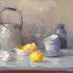 Christine Lafuente, Lemon with Eggshells and Teacups, oil on board, 9 x 12 inches