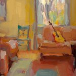 Christine Lafuente, Living Room with Guitar, oil on linen, 14 x 11 inches