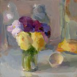 Christine Lafuente, Painsies and Lemon Tree, oil on board, 16 x 11 inches