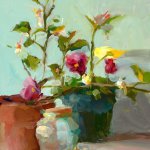 Christine Lafuente, Painsies and Lemon Tree, oil on board, 16 x 11 inches