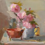 Christine Lafuente, Peonies and Copper Bowl, oil on board, 10 x 10 inches