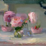 Christine Lafuente, Peonies and Forget Me Nots, oil on linen, 14 x 18 inches