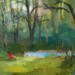Christine Lafuente, Red Chair and Summer Trees, oil on mounted linen, 11 x 14 inches
