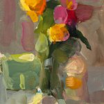 Christine Lafuente, Roses, Bottle, and Eggshell, oil on paper, 6 x 4 inches