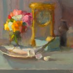 Christine Lafuente, Roses, Mackerel, and Clock, oil on linen, 16 x 20 inches