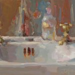 Christine Lafuente, Bottles and Sink, oil on mounted linen, 9 x 12