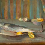 Christine Lafuente, Spanish Mackerel, Lemon, and Eggshells, oil on linen, 12 x 16 inches