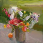 Christine Lafuente, White Irises and Mandarin Oranges, oil on linen, 12 x 12 inches