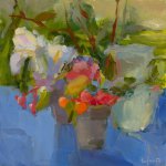 Christine Lafuente, White Irises on a Blue Cloth, oil on linen, 12 x 12 inches