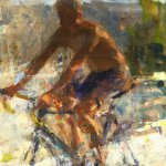 Jon Redmond, Man on a Bike, Oil on Mylar, 18 x 11 inches