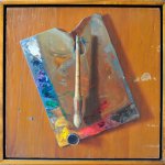 Mikel Glass, Palette, Brush and Medium, Oil on Panel, 21.5 x 21 inches