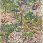Maurice Prendergast (1858-1924), Farmhouse in New England, Watercolor, pastel and pencil on paper, 19 7/8 x 13 3/4 inches