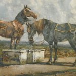 Attilio Pratella, Horses at the Trough, Oil on canvas, 27 x 35 3/8 inches