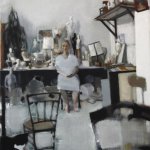 Rosy Lamb, Long Winter, Hanna and Lilly in my Studio, Oil on Canvas, 46 x 35 inches