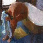 Jon Redmond, Nude Drying, oil on board, 10 x 10 inches