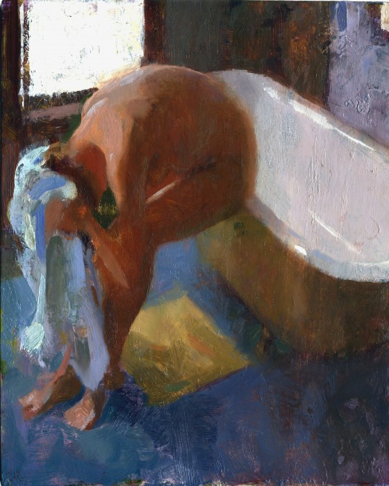 Jon Redmond, Nude Drying, oil on board, 10 x 10 inches